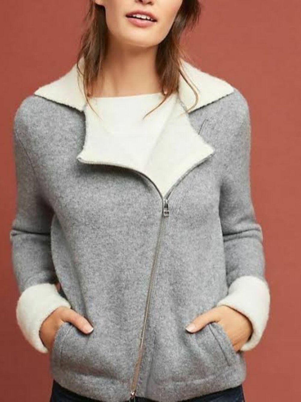 Anthropologie Sweater Jacket Womens XL Alpaca Wool Ivory Asymmetrical Zip Knit